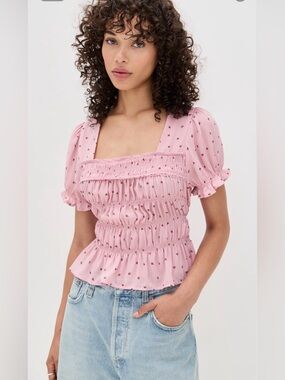 Free People Adore You Floral Smocked Blouse Pink Size L Brand New
